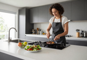 Person preparing steak and fresh salad in a kitchen, representing balanced nutrition to help reduce sugar cravings.