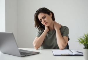 person holding neck and shoulders showing frequent headaches and muscle tension from burnout