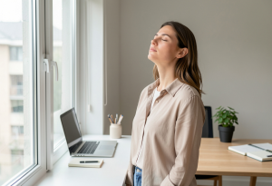 Person practicing mindful breathing at their desk as a micro-habit to reduce stress and improve focus
