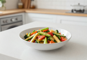 Bowl of colorful vegetable stir-fry, illustrating a meal that supports healthy digestion