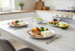 Balanced healthy meal with protein, vegetables and whole grains that supports stable blood sugar and reduced sugar cravings.