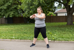 Woman stretching at home to stay active, illustrating reduced activity caused by stress