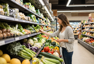 why am i craving sugar - Person picking fresh vegetables in a grocery store, representing healthy choices to reduce sugar cravings.