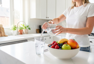 “Person pouring water into a glass with fresh fruit nearby, symbolizing hydration and dietary support for digestive health”