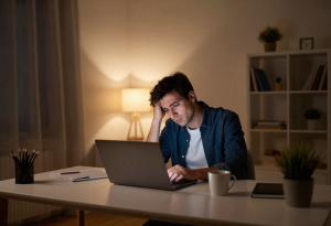 person feeling mentally exhausted while working late showing early signs of burnout