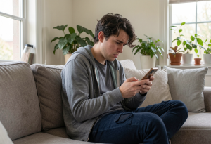Person looking stressed while using a smartphone on a couch, illustrating how phone use can affect mood and mental health.