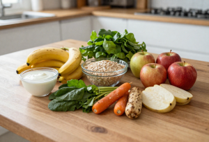 Selection of everyday foods that improve digestion including yogurt, oats, bananas, apples, and leafy greens