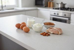 Healthy protein foods including eggs, yogurt, chicken, lentils, and almonds on a kitchen counter supporting metabolism