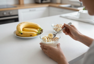 Healthy foods like yogurt, bananas, and oats that support digestion and help reduce bloating