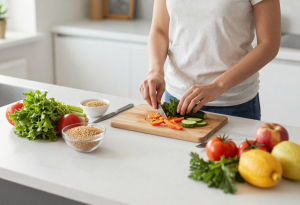 Person preparing a healthy meal with fresh vegetables and whole grains to support digestion