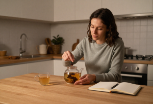 Woman preparing herbal tea and relaxing at home in the evening, illustrating a simple night routine for weight loss