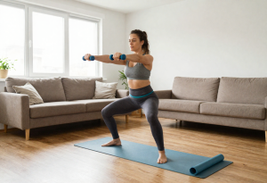 Woman performing light strength training exercises at home to support metabolism and muscle health