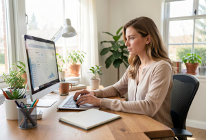 Person focused at a desk in a home office, illustrating how quality sleep supports productivity and mental focus