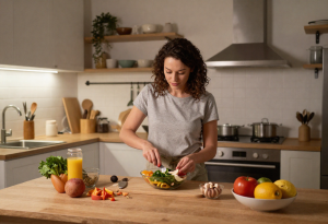 Person preparing a healthy evening snack, illustrating how sleep quality supports weight management