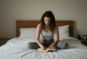 Person journaling or meditating in bed, illustrating how quality sleep supports mood and emotional health