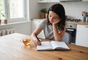 Metabolism Mistakes Women Make - Woman sitting at a table with tea and a notebook reviewing common questions about metabolism and healthy habits