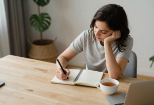Woman sitting at a desk with a notebook and tea, reflecting on night routines that support weight loss