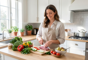 Woman preparing healthy food in a kitchen, illustrating how metabolism converts food into energy