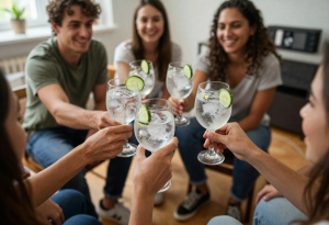 Adult holding gin and diet tonic with cucumber garnish