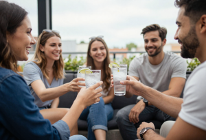 Adult holding a hard seltzer with lime garnish