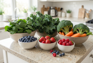 Fresh fruits and vegetables including leafy greens, broccoli, carrots, and berries on a kitchen counter illustrating nutritious foods