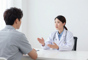 Patient speaking with a doctor in a clinic, illustrating seeking professional advice for digestive concerns and bloating