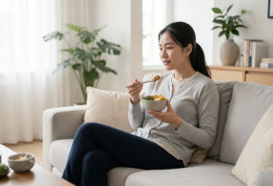 Person sitting upright and slightly leaning left after a meal to support digestion and reduce bloating