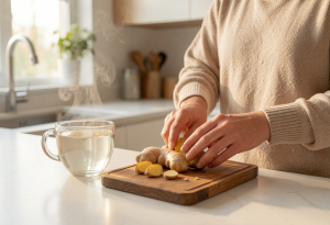 Person preparing fresh ginger tea in a kitchen to help reduce bloating after meals