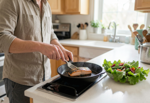 Person cooking salmon on a skillet with a fresh salad on the kitchen counter illustrating choosing foods that support health