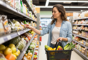 Healthy Foods vs Nutritious Foods - Person holding a basket of fresh fruits and vegetables, illustrating questions about choosing healthy and nutritious foods