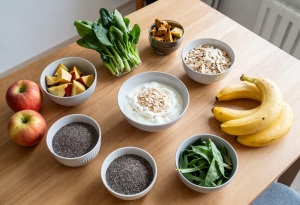 A variety of everyday foods that improve digestion including yogurt, oats, bananas, apples, and leafy greens