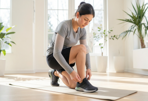 Person putting on workout shoes, preparing for low-impact exercise for sustainable fat loss.
