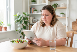 what your poop says about your health - “Person at a table with healthy food, reading and learning about digestive health, symbolizing FAQs on gut wellness”