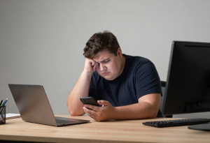 Person using a smartphone at a desk with poor posture, illustrating eye strain and tech-related physical discomfort.