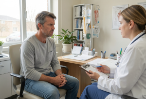 early signs of burnout - person speaking with a healthcare professional in a clinic illustrating burnout recovery and self-care guidance