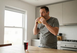 Mid-aged man eating a burger with drink nearby, illustrating lifestyle factors contributing to visceral fat and a beer gut