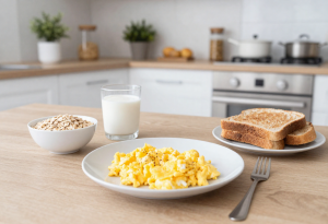 A high-protein breakfast with eggs, Greek yogurt, nuts, seeds, whole-grain toast, and a smoothie. 