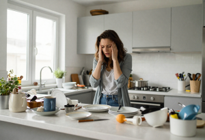 woman looking frustrated in a messy kitchen showing irritability from burnout