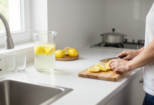 Wide-angle view of a person slicing lemon and preparing a jug of lemon water on a kitchen counter in morning light, illustrating a healthy hydration habit for weight loss