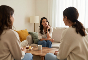 Woman in her early 30s speaking with a friend in a sunlit living room, reflecting on subtle life and hormonal changes.
