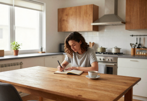 Woman in her early 30s journaling and tracking subtle hormonal and cycle changes at home.