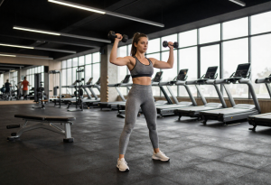 Woman in her early 30s exercising in a gym, supporting strength and wellbeing during early perimenopause.