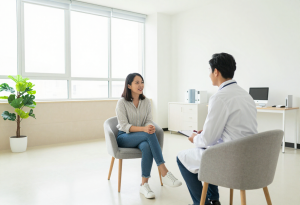 Woman in her early 30s speaking with a healthcare professional, seeking guidance and reassurance about early perimenopause.