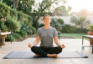 Person meditating cross-legged on a yoga mat in a sunlit room, illustrating the daily habit of stress awareness and mindfulness to support weight loss