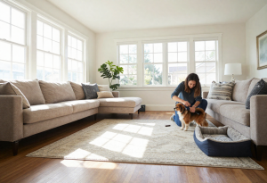 Wide-angle view of a person grooming a pet indoors to reduce indoor allergens.