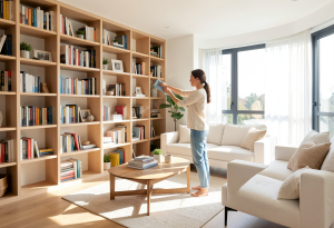 Wide-angle view of a person dusting a living room to reduce indoor allergens.