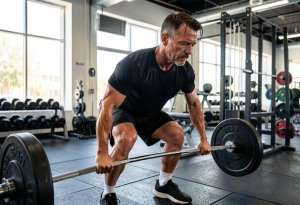 Man strength training to naturally support testosterone levels and improve energy.