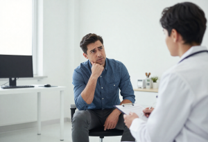 Man consulting a doctor about symptoms and blood testing for low testosterone.