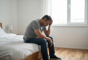 Man sitting on the edge of his bed looking fatigued, illustrating hidden signs of low testosterone.