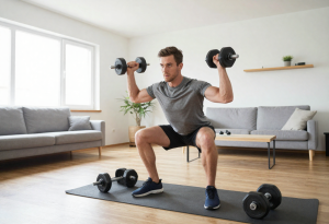 Man exercising at home, illustrating the role of testosterone in muscle, energy, and overall well-being.